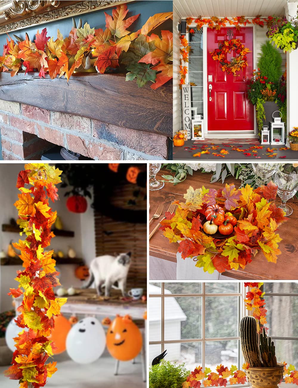 2 Pack Artificial Autumn Maple Leaves Vines Decorations, 5.9Ft/Piece Fall Leaf Garland Hanging Plant with Hooks, Thanksgiving Halloween Decor for House Garden Wall Doorway Fireplace Autumn Decoration