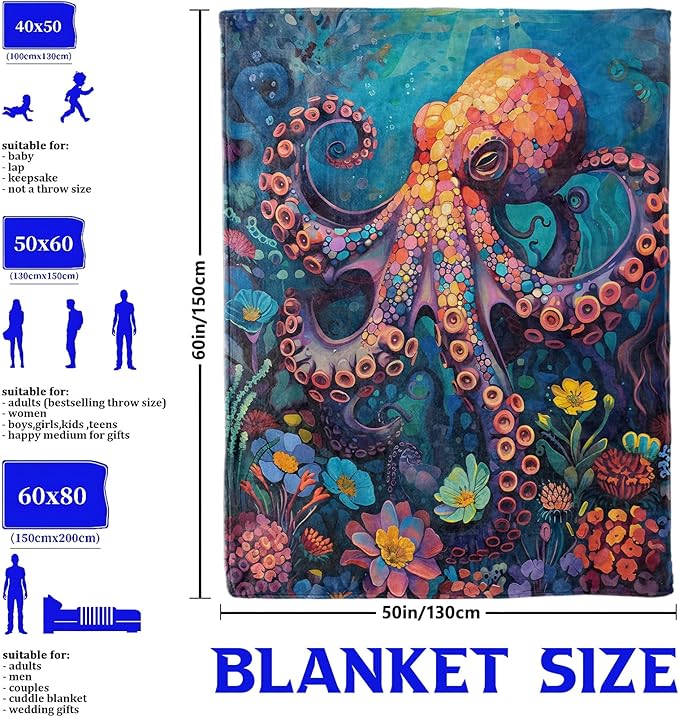 Underwater Octopus Throw Blanket for Boys Girls Kids Adults Women, Fuzzy Warm Soft Cozy Flannel Blankets Gifts for Bedroom, Couch, Travel, Home Decor 60x80 in