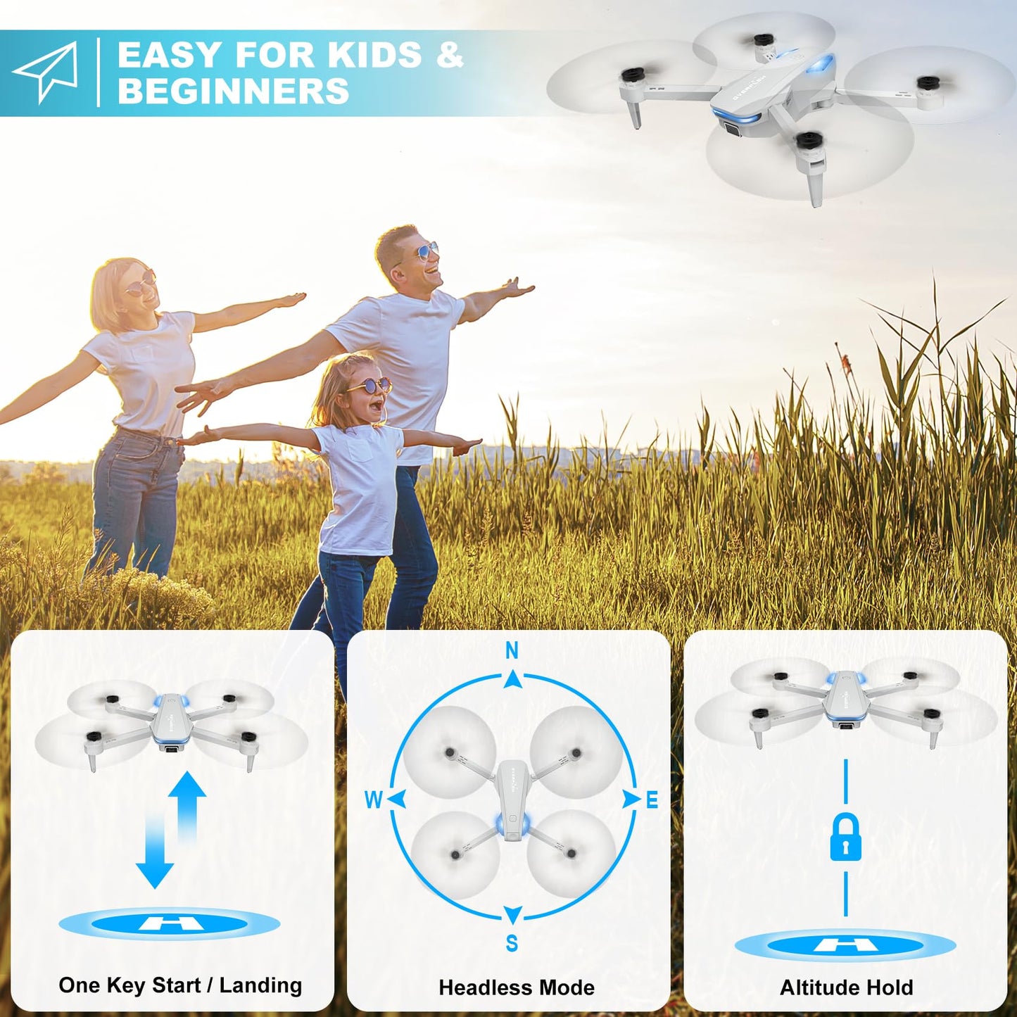 Drone with 1080P Camera for Beginners and Adults, Foldable Remote Control Quadcopter with Voice Control, Gestures Selfie, Altitude Hold, One Key Start, 3D Flips, 2 Batteries, Not water-proof, Toy for Beginners