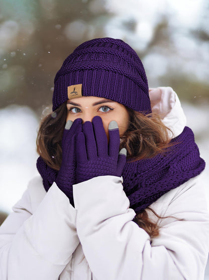 LOROME Winter Beanie Hat Scarf Gloves, Warm Fleece Knit Winter Hats Touch Screen Gloves Neck Scarf Set Winter Gifts for Women Men
