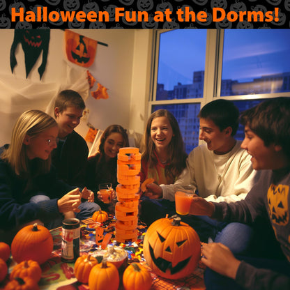 Funwares Wooden Blocks Stacking Game, Tumbling Tower and Balance Game, Family & Party Fun, Game for Kids and Adults, Ages 6+, Stack 'O Lantern, The Fall Pumpkin-Themed Wood Blocks Stacking Game