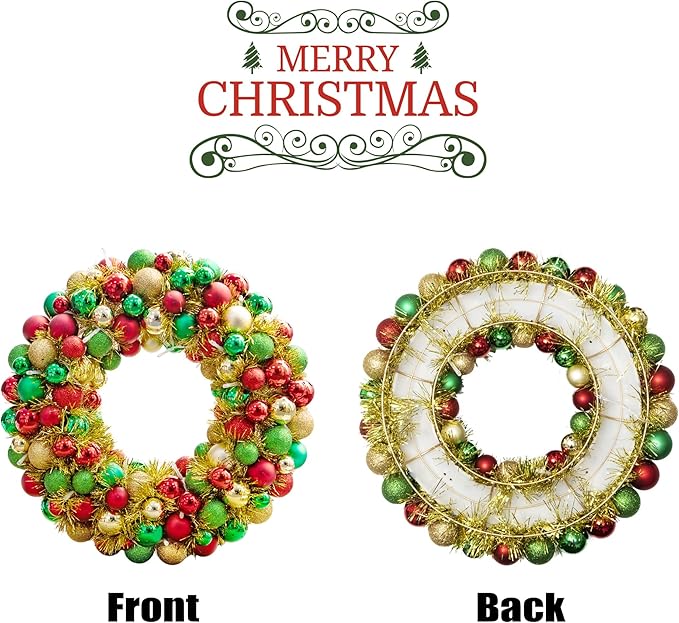 Amooca 16in Christmas Ball Wreath with LED Lights Front Door Window Decorative Hanging Ornaments Table Centerpiece Holiday Party Home Decoration Red Gold Green