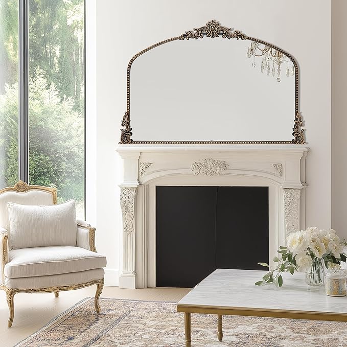 Growsun Vintage Black Arched Mirror, 40’’x30’’ Antique Baroque Ornate Wall Mirror Decor with Full Metal Frame for Fireplace/Entryway/Living Room/Bathroom