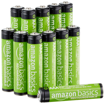 Amazon Basics Rechargeable AAA Batteries, 12-Pack, 800 mAh, NiMH Performance Batteries, Recharge up to 1000x Times, Pre-Charged