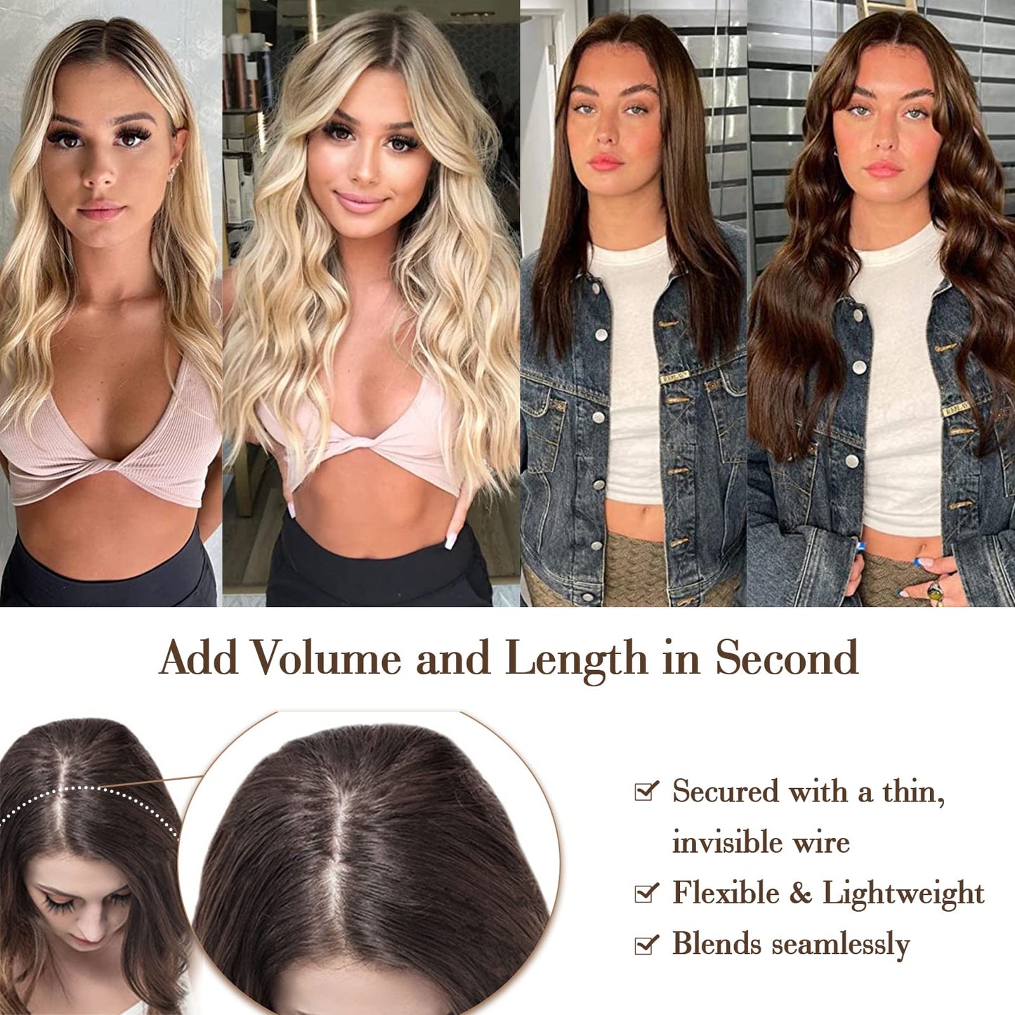 Ms TAj Halo Hair Extensions clip in hair extensions Natural Blonde with Dark Root 20 inch with Adjustable Size Removable Clips Invisible Secret Synthetic Hairpiece for Women