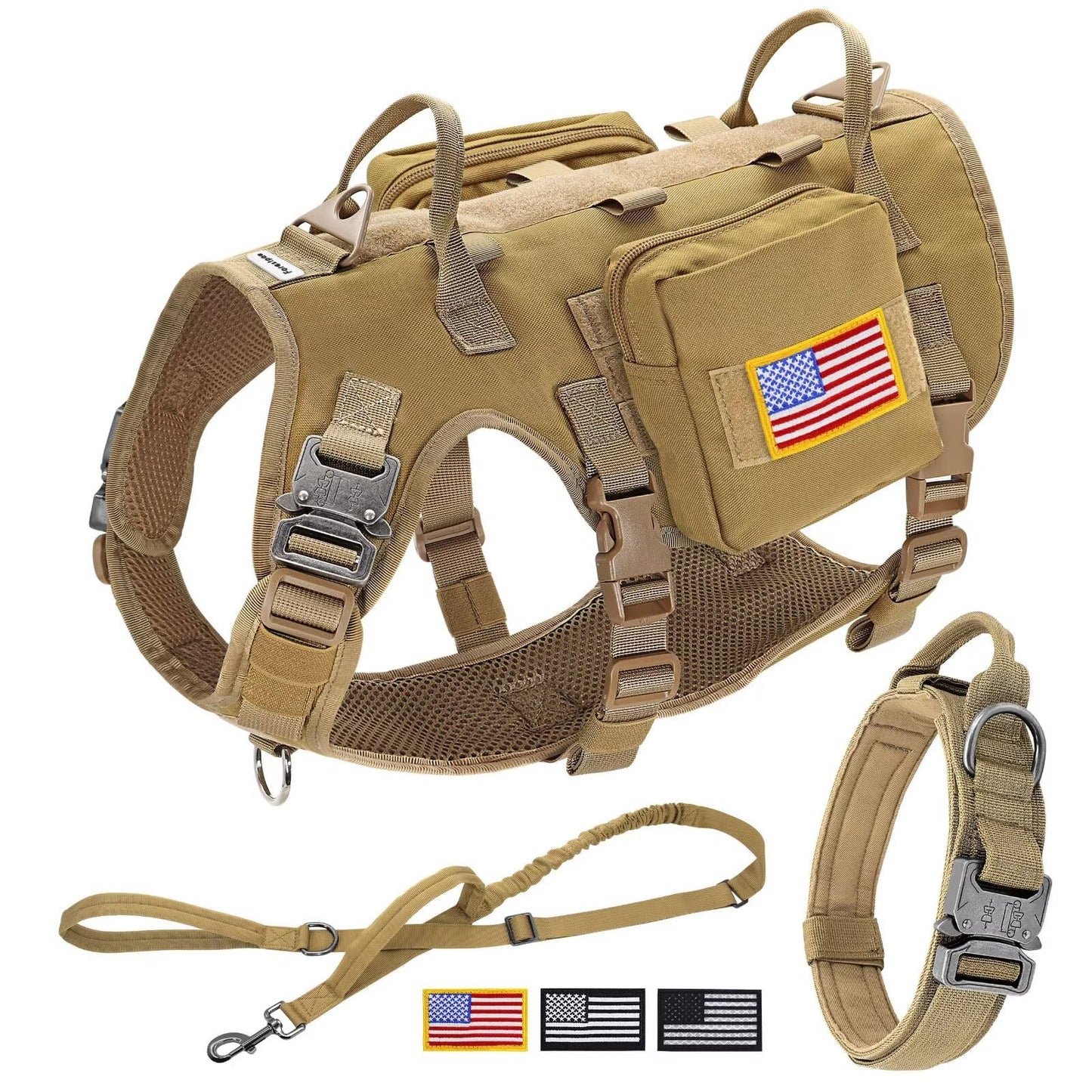 Forestpaw Tactical Dog Harness for Large Dogs,Tactical Dog Collar with Bungee Leash Set,No Pull Military Dog Harness for Walking Training,Adjustable for Medium Large Dogs,Khaki,Chest 21.5-45"