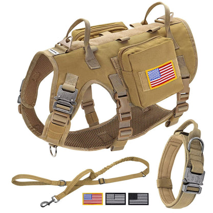 Forestpaw Tactical Dog Harness for Large Dogs,Tactical Dog Collar with Bungee Leash Set,No Pull Military Dog Harness for Walking Training,Adjustable for Medium Large Dogs,Khaki,Chest 21.5-45"