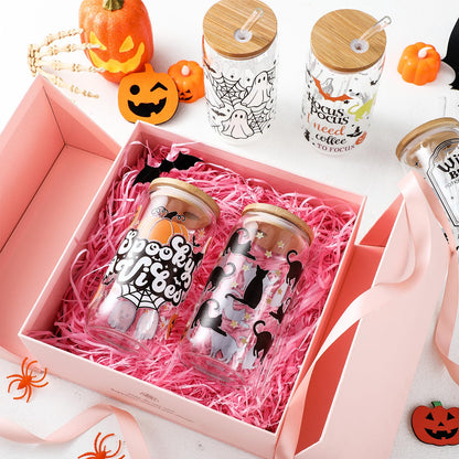 SiliFine 6 Pcs Halloween Drinking Glasses 16 oz Hearts Glass Cup with Bamboo Lid and Glass Straw Can Shaped Beer Glass Reusable Love Smoothie Cup for Women Teenager Valentine Party Birthday Gift