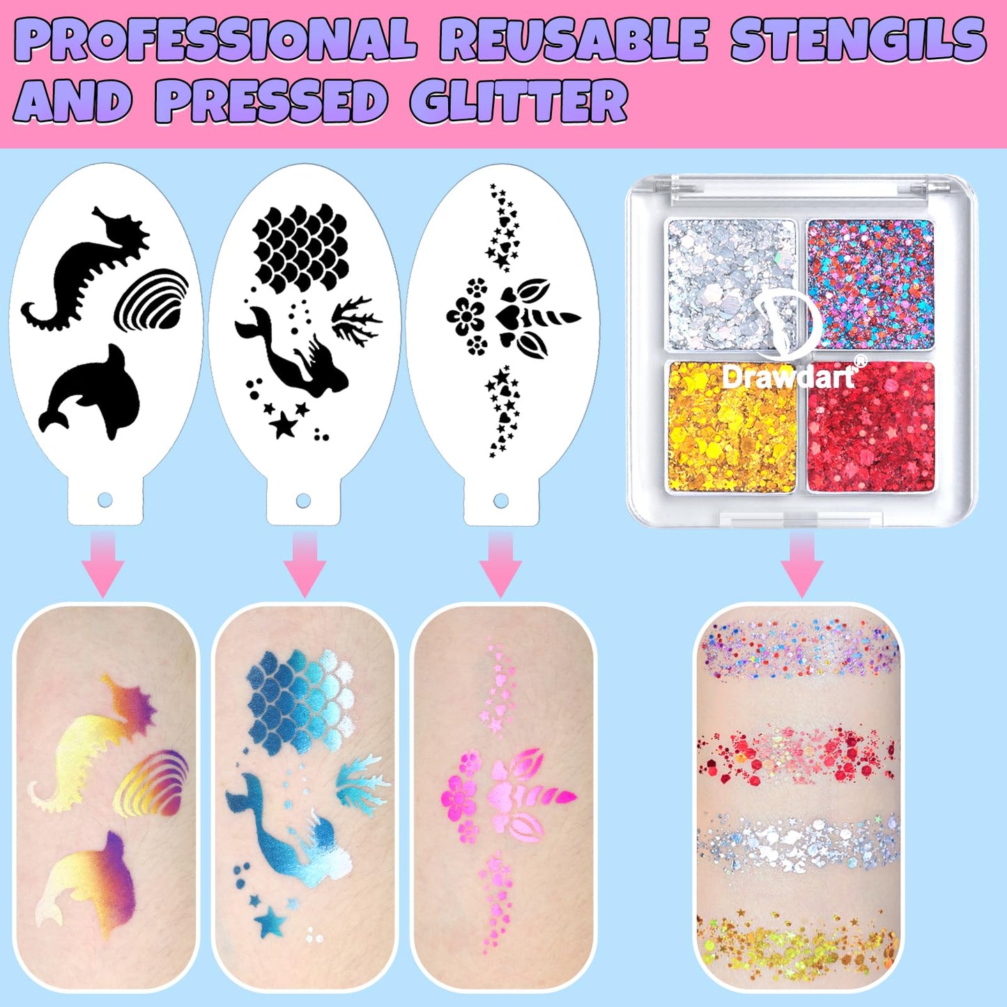 Drawdart Professional Face Painting Kit for Kids Adults, Rainbow Split Cake Face Paint Palette 12 x 10gm+ 4 Colors Pro Pressed Glitter Eyeshadow Palette, with Brushes Sponges Gems Stencils