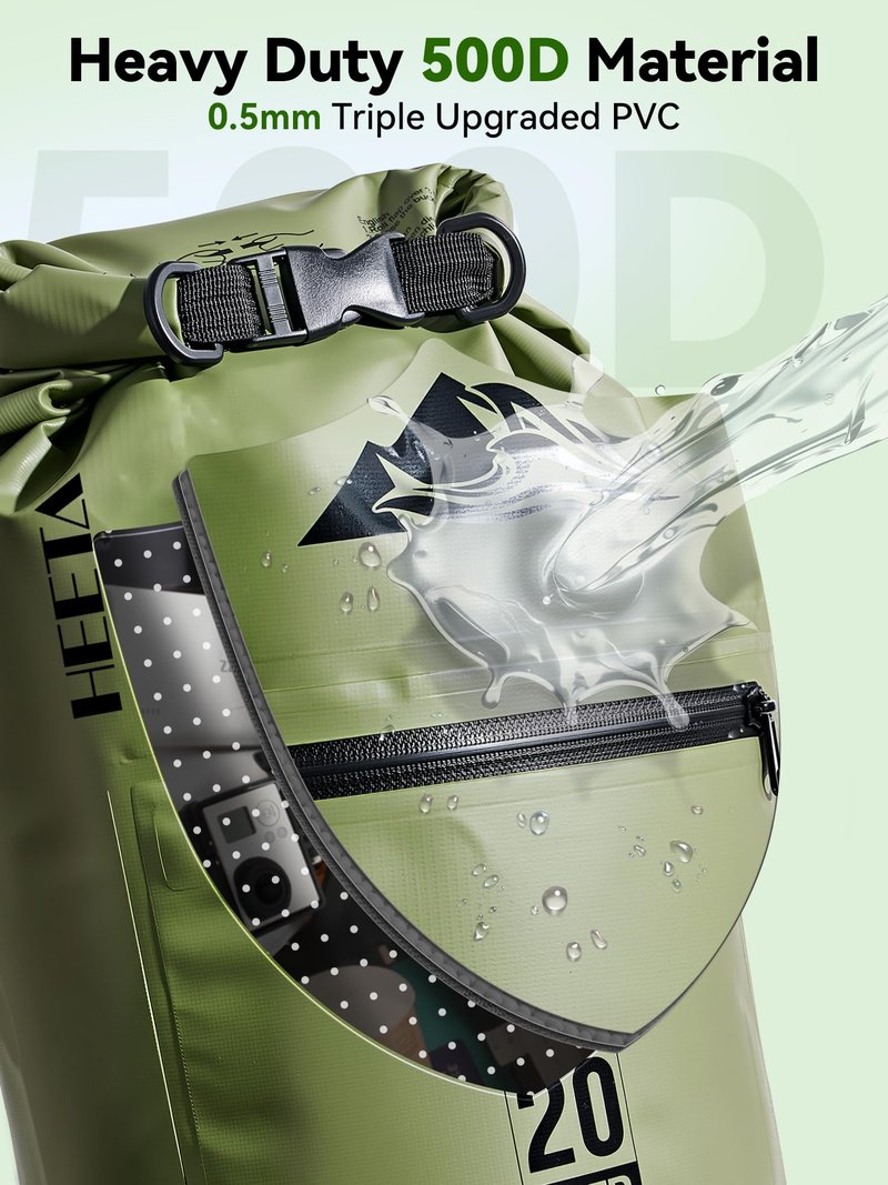 HEETA Waterproof Dry Bag with Front Zippered Pocket for Women Men, Roll Top Lightweight Dry Storage Bag Backpack for Travel, Kayaking, Boating, Rafting, Camping, Hiking & Beach (Green, 10L)