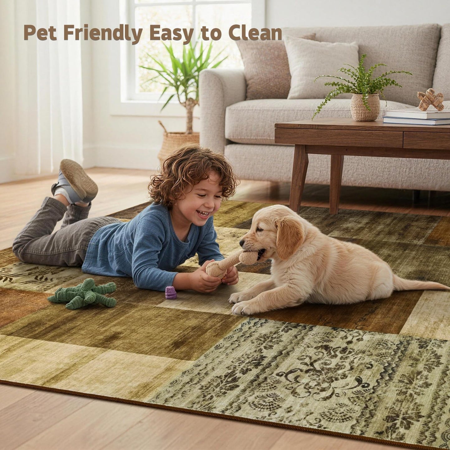 DweIke Washable Area Rugs 6x9 for Living Room, Large Modern Geometric Brown Soft Patchwork Carpet, Non-Slip Stain Resistant Throw Rug for Bedroom Dining Room Office Home Decor