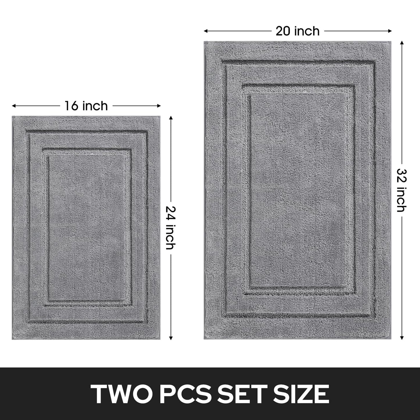 HOMEIDEAS Bathroom Rugs Sets 2 Piece, Super Soft and Absorbent Non Slip Microfiber Machine Washable Bath Mat Set (20" x 32" + 16" x 24", Grey)