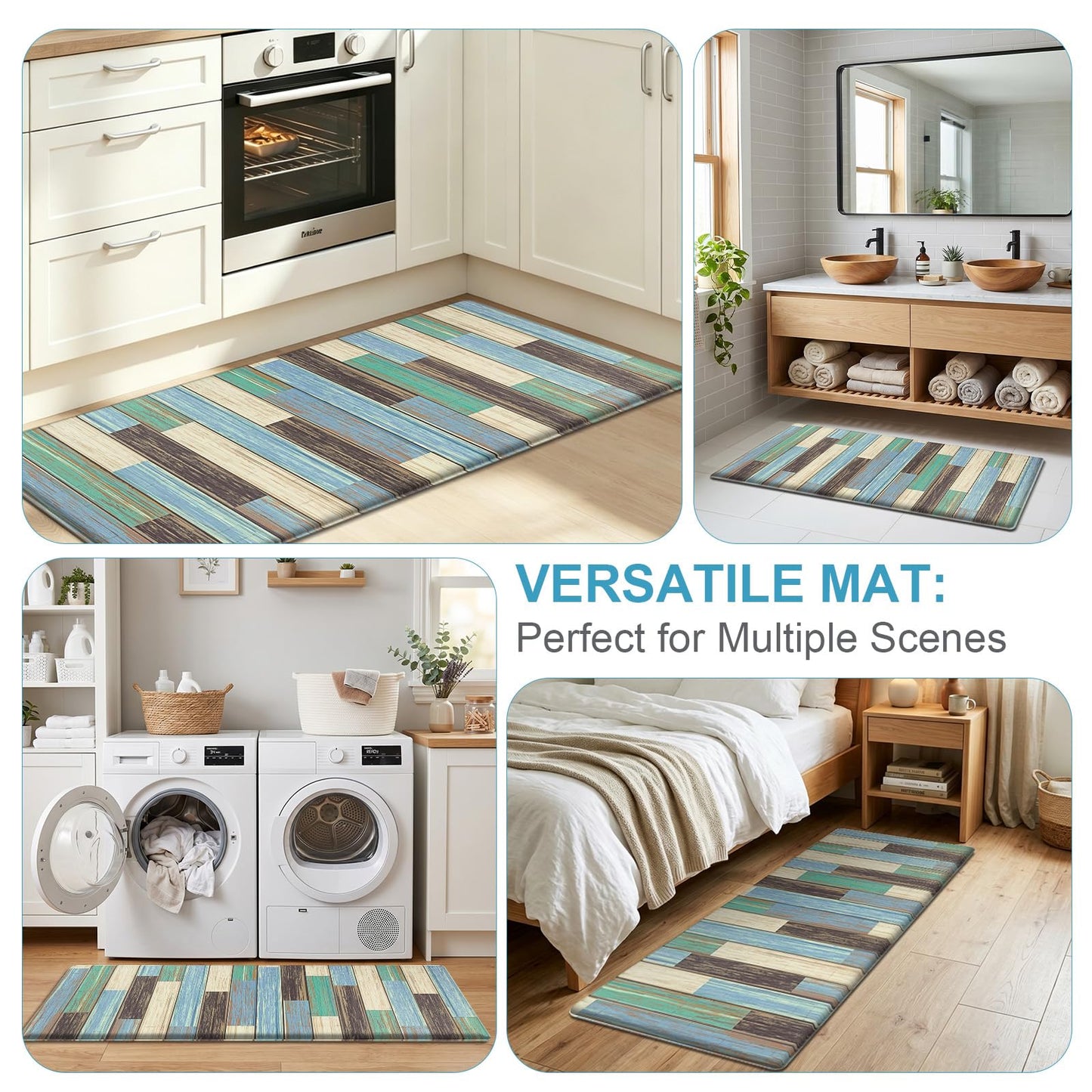 LOKHOM Anti Fatigue Kitchen Mats for Floor, 24x59 Non Slip Modern Cushioned Standing Comfort Kitchen Runner Rug, Waterproof Geometric Patchwork Memory Foam Padded for Sink Laundry Office, Teal