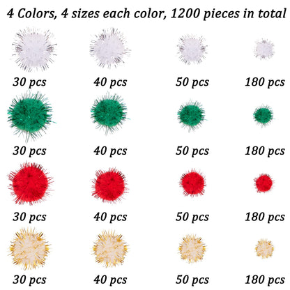 BQTQ 1200 Pieces Christmas Pom Pom Tinsel Balls Glitter Fluffy for Craft Making and Decorations (4 Sizes, Gold, White, Green, Red)