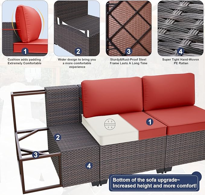 Kurapika 10 Pieces Patio Furniture Set, Rattan Wicker Outdoor Conversation Sets w/43in Propane Fire Pit Table and 4 Inch Cushion(Red)