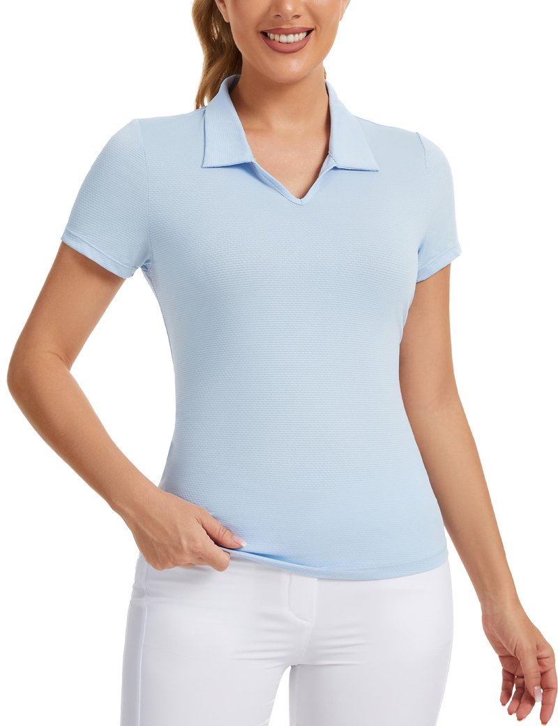 MathCat Womens Golf Shirt Short Sleeve Tennis Polo Shirts UPF50+ Sun Protection V Neck Collared Quick Dry Workout Tops Light Blue