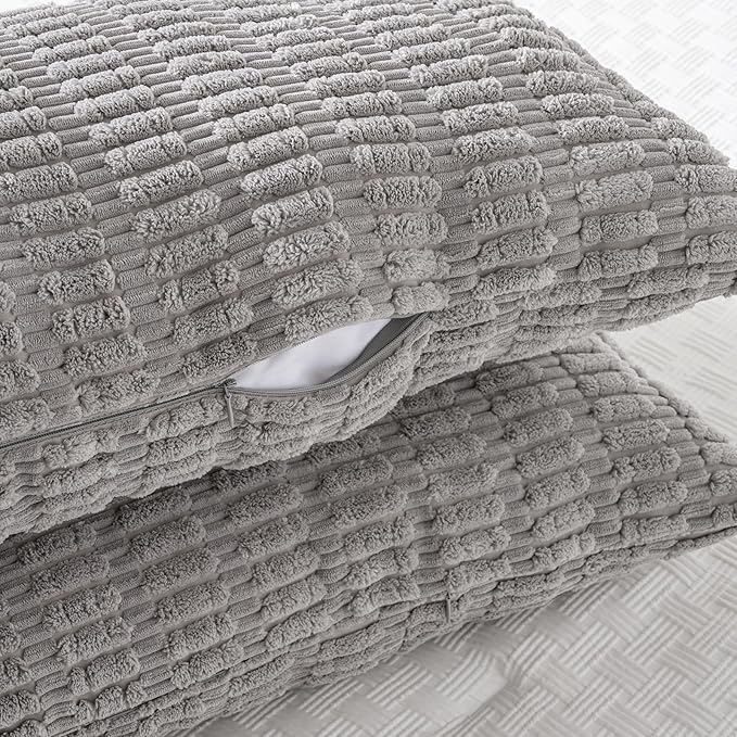 Fancy Homi Gray Long Lumbar Farmhouse Decorative Throw Pillow Covers 14x36 Inch for Bed Couch Bed Sofa, Rustic Boho Room Decor, Soft Striped Corduroy Rectangle Cushion Case 35x91 cm