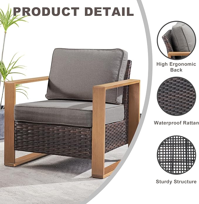 Rilyson Outdoor Wicker Patio Furniture Set - 4 Piece Patio Conversation Set with 2 Wicker Armrest Chairs,2 Rattan Ottoman, Sturdy Frame, Thick Cushions, Deep Seating(Brown/Grey)