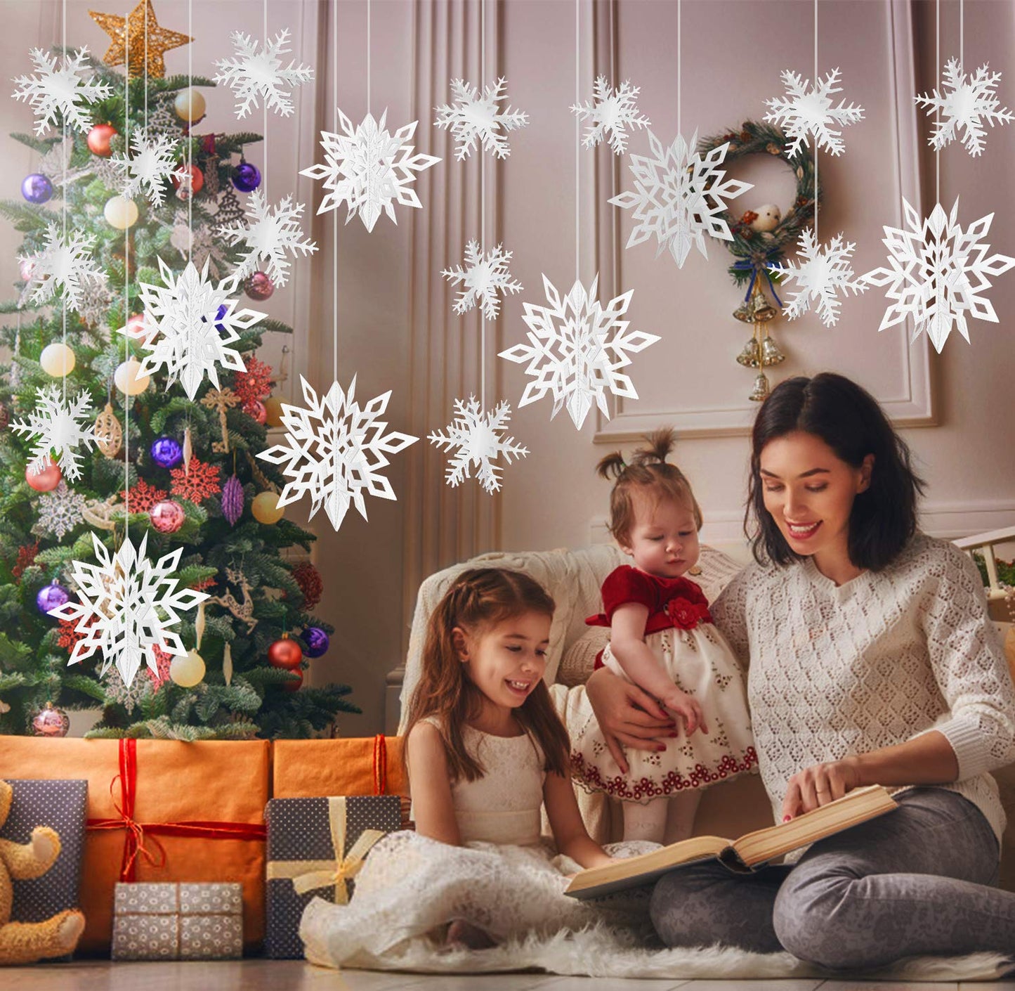 24PCS Snowflake Christmas Decorations, 3D Large White Paper Snowflakes Garland Hanging Snow Flakes for Winter Wonderland Christmas Party Decorations Holiday New Year Home Decor, Antiquewhite