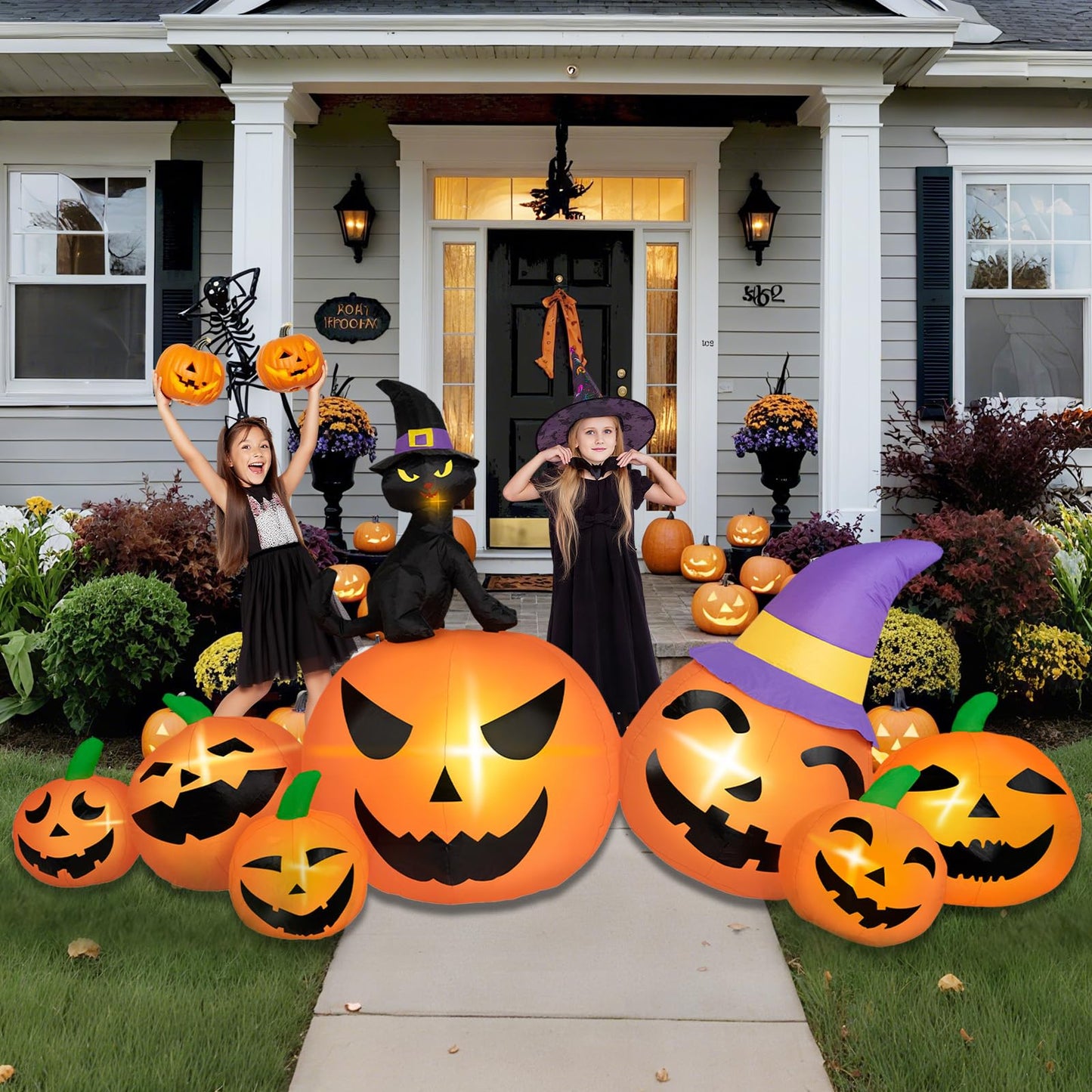 BRDJade 8FT Long Halloween Inflatables Pumpkin Outdoor Decorations, 7 Blow Up Pumpkins Inflatables with Witch Hat & Black Cat Built-in LED Lights for Halloween Party Yard Garden Lawn Decorations
