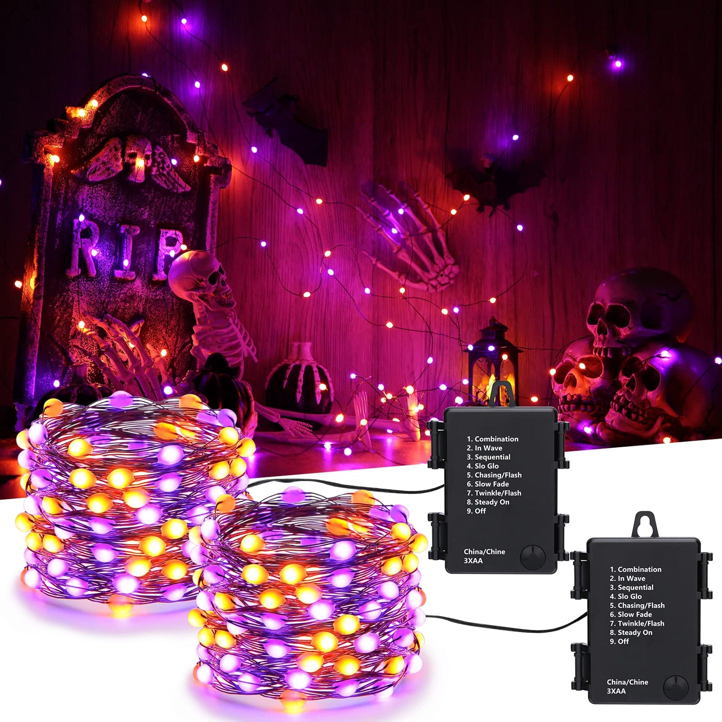 iBaycon 2 Pack 50 LED Battery Halloween Lights, 16.4ft Battery Operated Halloween Lights, Orange Purple Waterproof Twinkle Fairy Lights with 8 Modes & Timer for Indoor Outdoor Halloween Decorations