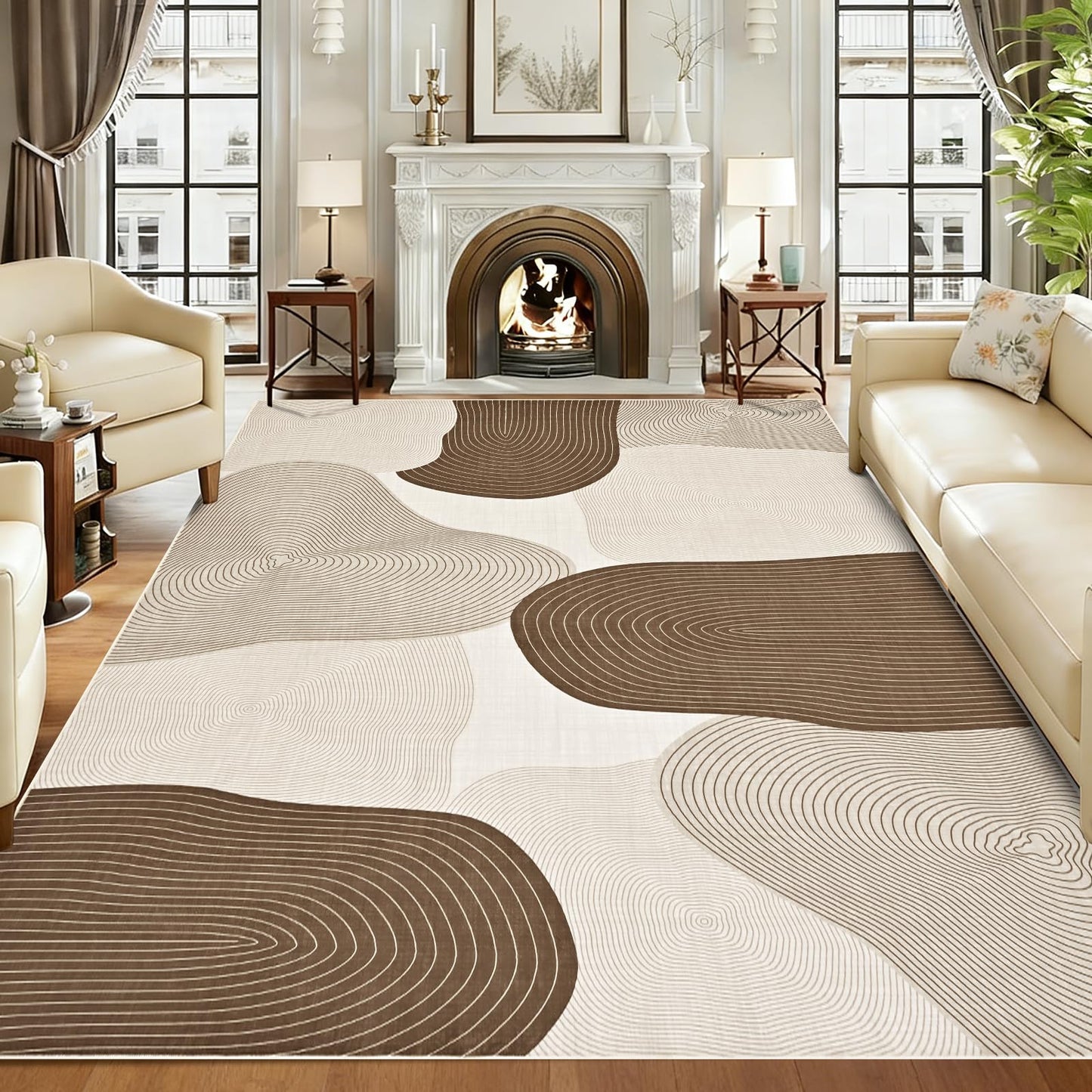 Yinhua Abstract Area Rug 5x7, Brown Living Room Rug Washable Modern Rugs Non Slip, Soft Area Rugs Low Pile, Faux Wool Carpet for Bedroom, Dining Room, Brown