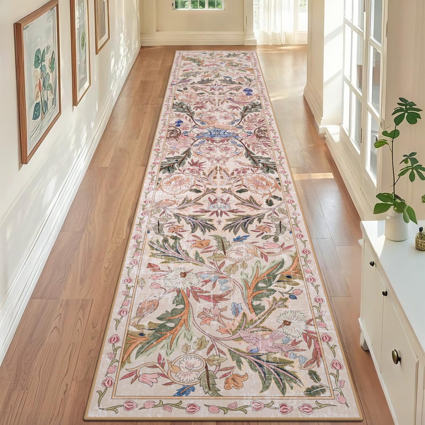 nesrt Jungle Runner Rug for Hallway 2x10Ft, Non Slip Washable Long Bird Kitchen Runner Rugs, Soft Boho Floral Forest Floor Jungle Carpets for Hall Entryway Laundry Bedroom Farmhouse Decor (Pink)