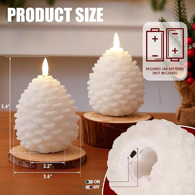 Christmas White Pinecone Candles Flameless with Remote, Real Wax Battery Operated Pine Cone Candle,Flickering LED Candles for Xmas Decoraction Party Holiday Gift, 2 Pack