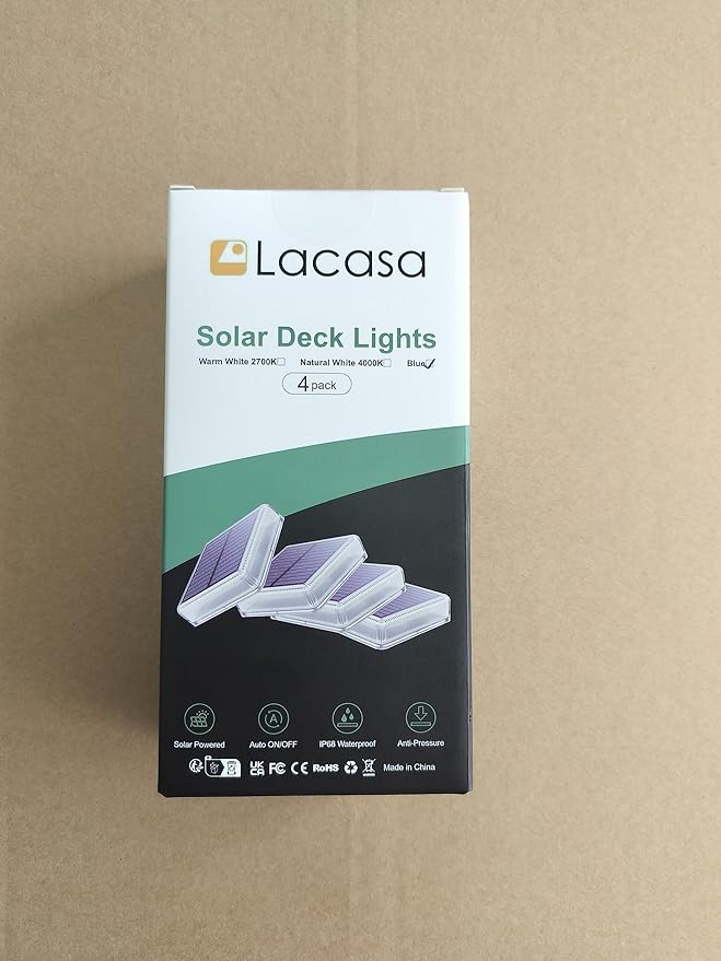 Lacasa Solar Deck Lights, 4 Pack 30LM LED Dock Lights Blue Light, Outdoor Solar Powered Step Lights Light up All Night IP68 Waterproof Auto ON/Off for Garden Stairs Driveway Pathway Lighting
