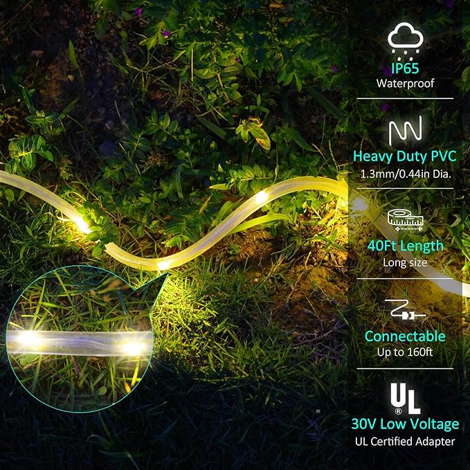 40ft 120 LED Rope Lights, Outdoor Rope Lights Plug in Outdoor Tube Light for Garden, Patio, Party, Christmas (Warm White)