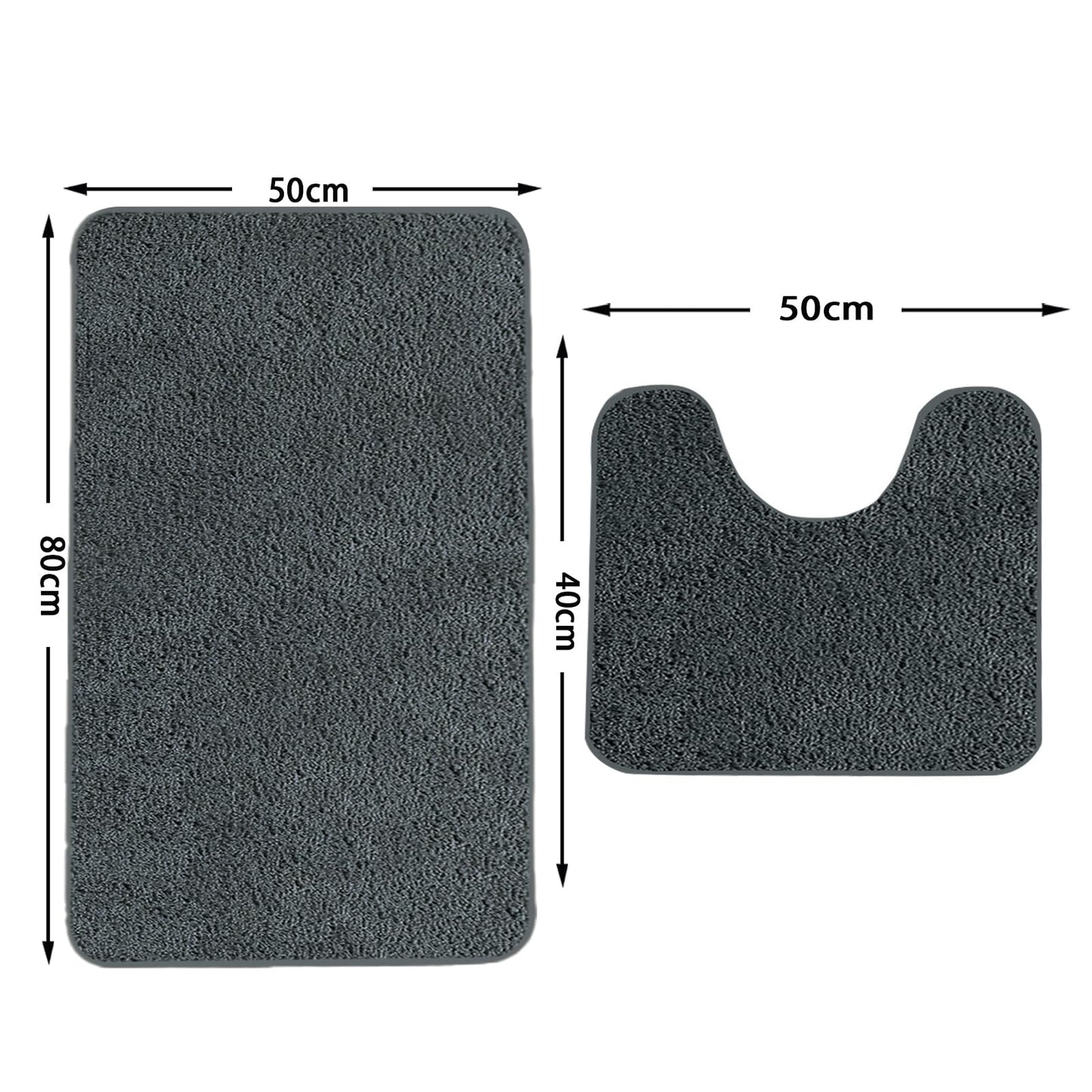 Rururug 2-Piece Bathroom Rug Set, Soft Microfibre Bathroom Mat and Toilet Rug with Cut-Out, Non-Slip Bath Mat, Washable, Grey, 50 x 80 cm + 50 x 40 cm