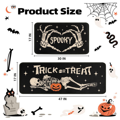 Ghroiep 2 Piece Halloween Kitchen Decor Rugs Set,Skeleton Kitchen Rugs and Mats Non Skid Washable Absorbent Kitchen Accessories Decoration Floor Mats 17"x47"+17"x30"