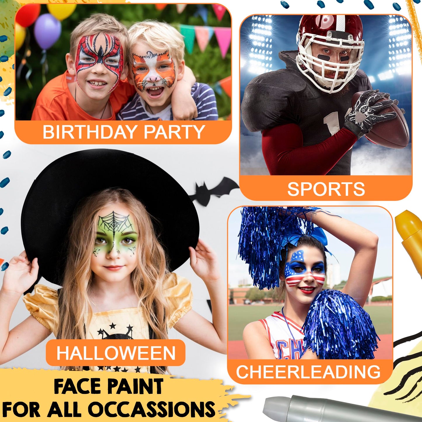 Jim&Gloria Water Based Face Paint Kit with Stencils, 12 Large Professional Face Painting Kit for Kids Party Facepaint Halloween Makeup Washable Body Paint for Adults Skin Color Crayons, Boy Girl Gifts