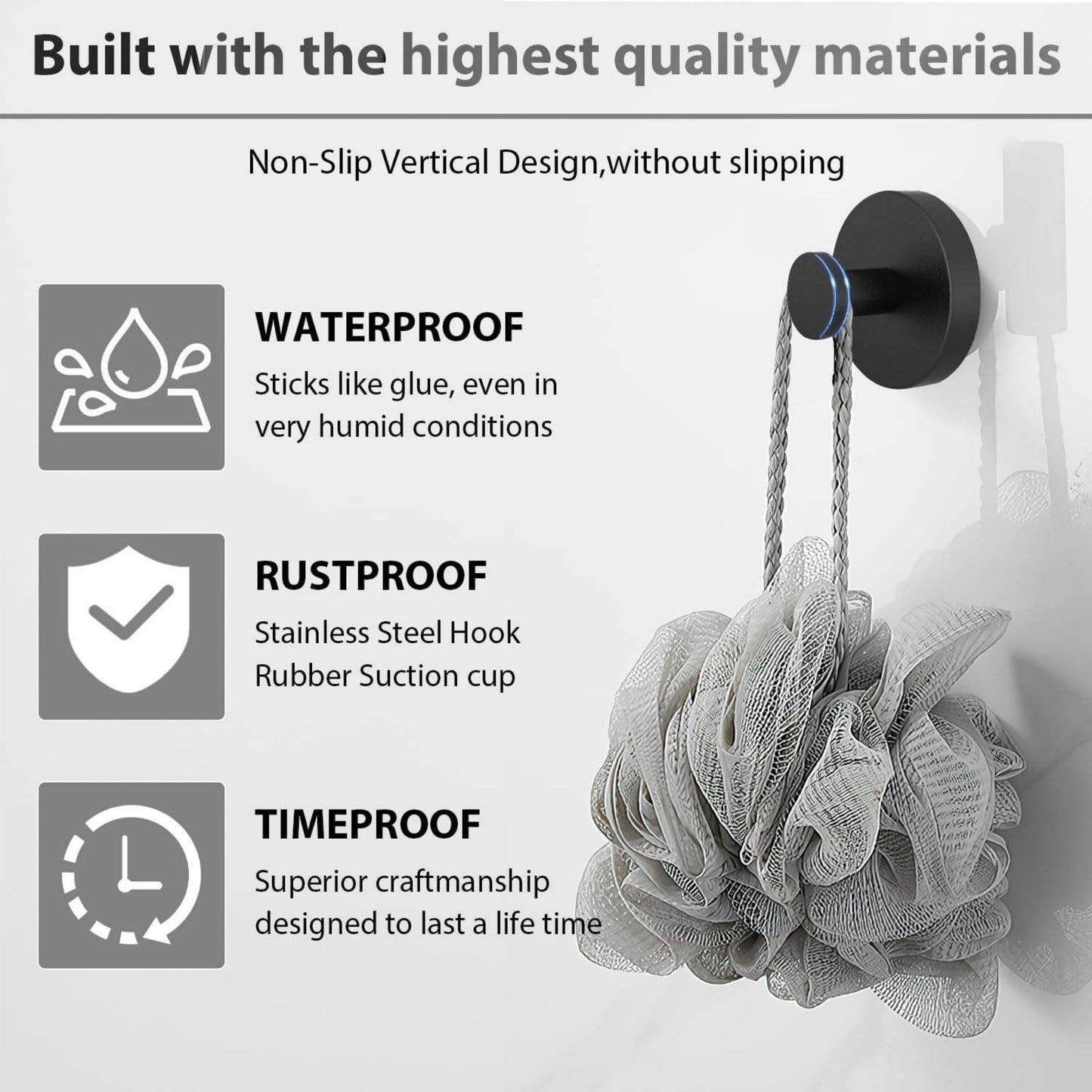 BRMUEIX 4 Pack Suction Cup Hooks for Shower,Glass Door Tile & Windows,Towel Hooks for Bathrooms,No Drill Stainless Steel Bathroom Hooks,Removable Suction Cup Wreath Hangers for Front Door(Black)
