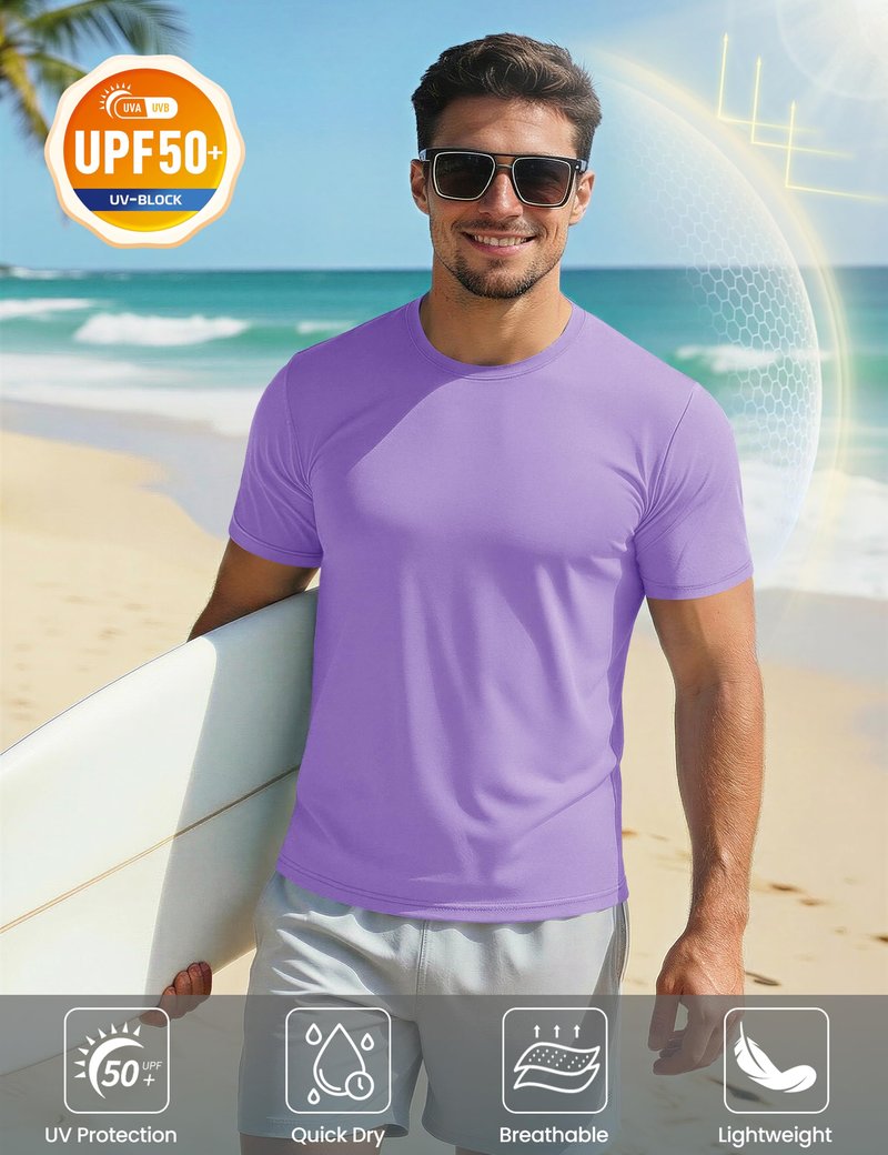 MAGCOMSEN Mens Short Sleeve Shirts SPF 50+ Lightweight T-Shirt Sun Protection Rash Guards Shirts Gym Base Layer Shirts Running Shirts Active Shirts, Light Purple, XX-Large