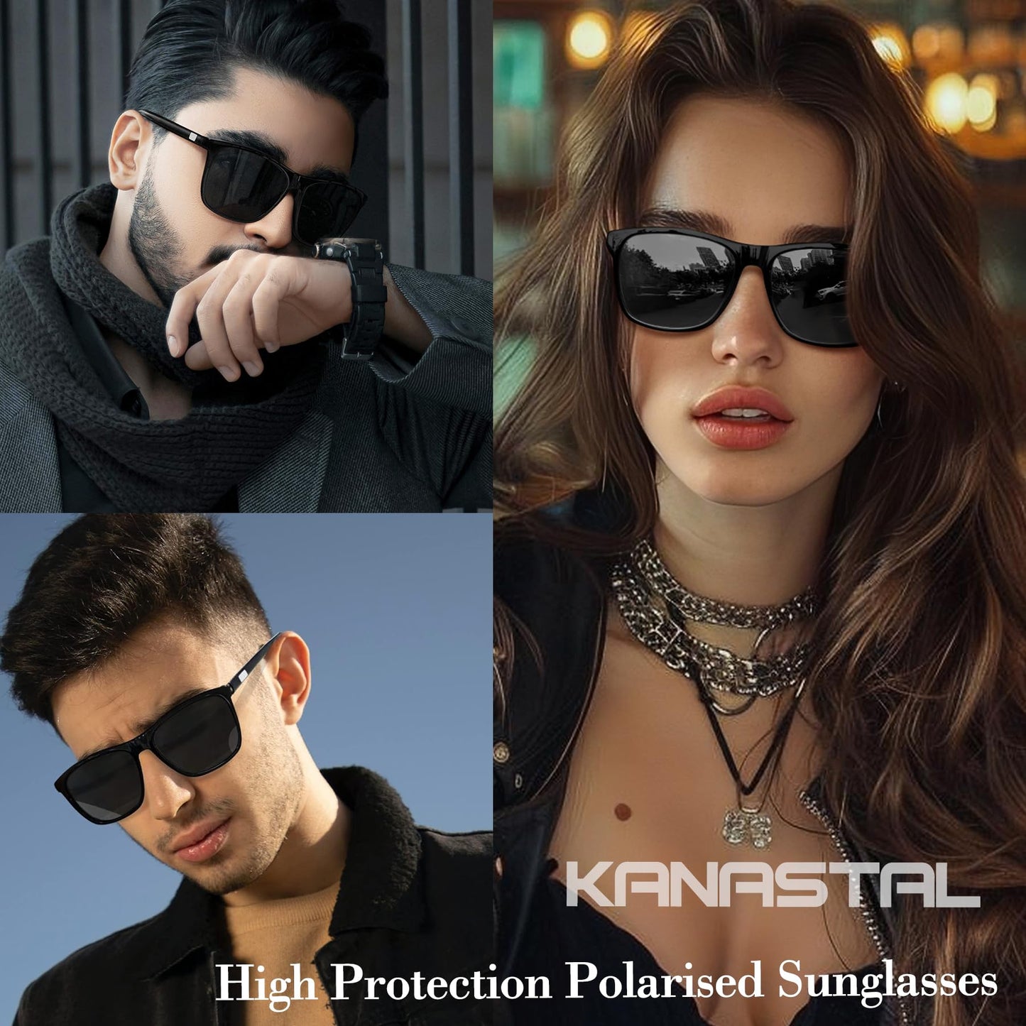 KANASTAL Black Sunglasses Mens Polarised Womens Dark Square Ladies Retro Spring Vintage Driving Fishing Beach Vacation Urban UV400 Protection - Glossy Black