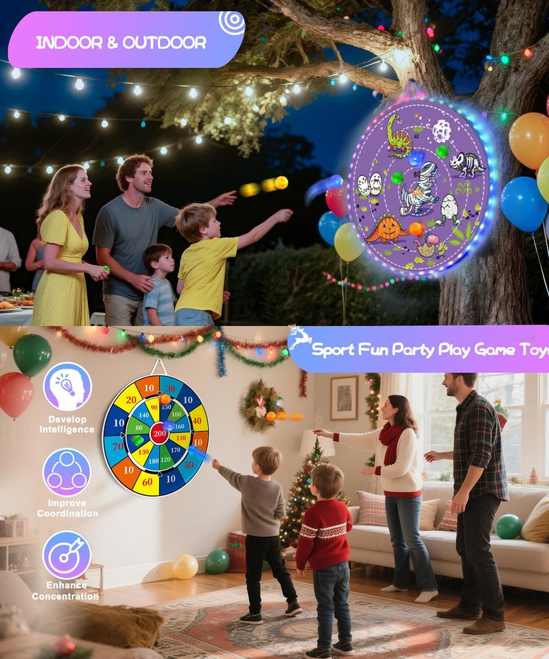 2 in 1 29" Large LED Dart Board for Kids, Kids Dart Board with LED Sticky Balls for Boy Toys, Indoor & Outdoor Sport Fun Party Kids Toys Games,Birthday Gifts for 4-12 Year Old Boys&Girls（Dinosaur ）