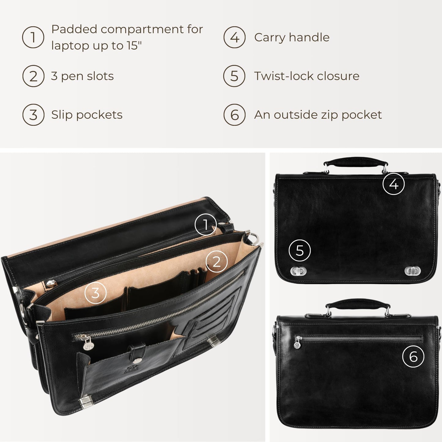 Time Resistance Hand Crafted Leather Messenger Shoulder Bag 15 Inch Laptop Briefcase Business Attache Black