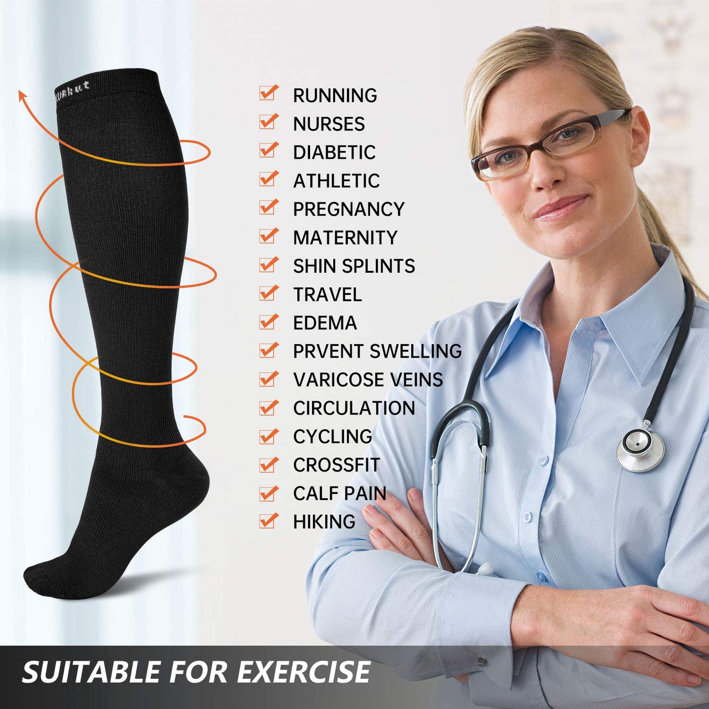 QXURkut 3 Pairs Compression Socks for Men Women 15-20mmHg Compression Stockings Flight Socks Sports Knee High Long Socks (L-XL)