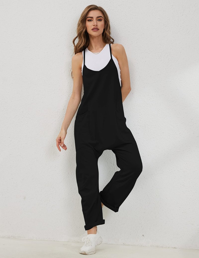Lentta Women's Causal Jumpsuits V Neck Sleeveless Harem Overalls Stretchy Adjustable Strap Romper with Pockets(Black-L)