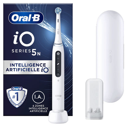 Oral-B iO 5N Electric Toothbrush, Pressure Sensor to Protect Gums and Sensitive Teeth, with Accessories, 1 Soft Brush, 1 Charger, 1 Travel Case, White