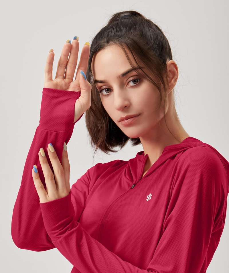 Soothfeel Women's UPF 50+ Sun Protection Hoodie Jacket Lightweight Long Sleeve Sun Shirt for Women with Pocket Hiking Outdoor(Red, XS)