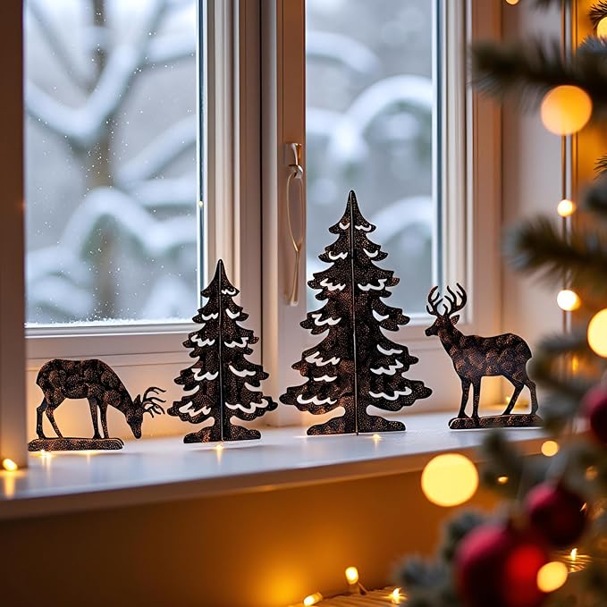 YULETIME 4-Piece Metal Christmas Reindeer and Tree Scene Silhouette Set, Winter Forest Deer & Spruce Landscape Holiday Tabletop Ornament