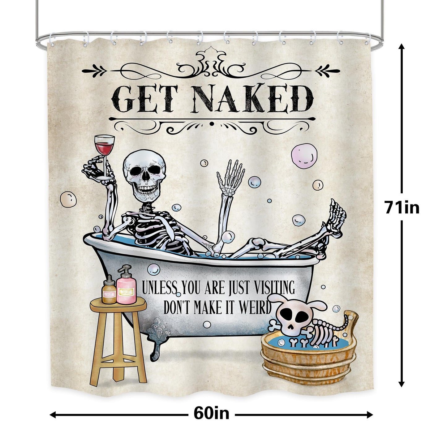 LGhtyro Funny Skull Skeleton Shower Curtain Gothic Spooky Cool Unique Hilarious Bone in Bathtub Bubbles Dog Halloween Bathroom Set 60Wx71H Inches Bath Accessories Art Home Decor Fabric 12 Pack Hooks