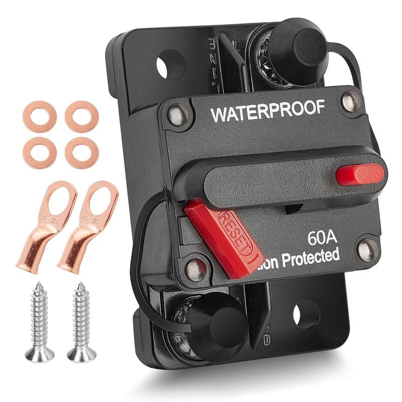 RED WOLF 60 Amp Circuit Breaker W/Ring Terminal 6 Gauge Connector Manual Reset Switch for Boat Trolling Motor Marine ATV Trailer Vehicles Stereo Audio Electronic Battery Solar System Inline Fuse