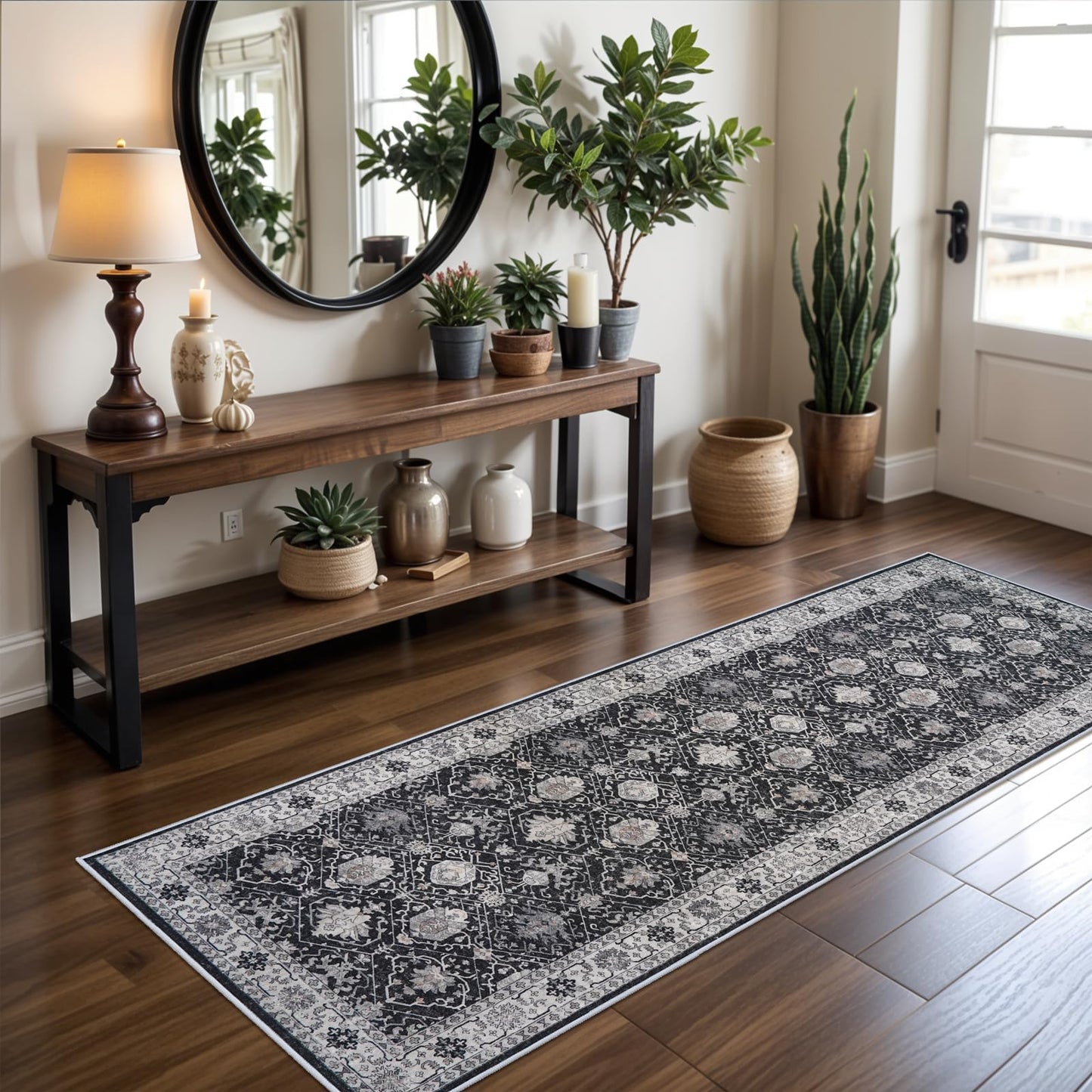 Hallway 2x8 Washable Runner Rug: Oriental Stain Resistant Kitchen Entryway Rugs Farmhouse Ultra Soft Bathroom Bedroom Print Floor Mat Thin Non Slip Indoor Carpet for Living Room Laudry(2x8,Black)