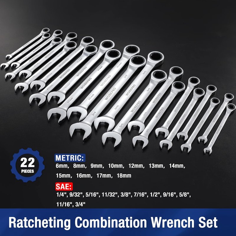 WORKPRO 22-Piece Ratcheting Combination Wrench Set, 72 Teeth, Combo Ratchet Wrenches Set with Organizer Box, Metric 6-18mm & SAE 1/4-3/4"
