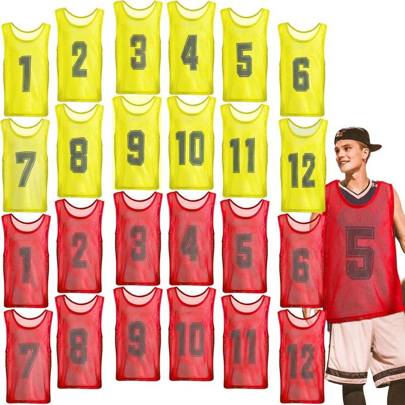 Hercicy 24 Pcs Youth Pinnies Soccer Pinnies Training Vest Adult Mesh Reversible Numbered Football Jersey(Large,Red, Yellow)