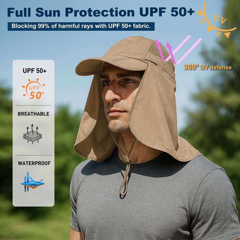 Surblue Quick-Drying Outdoor Cap UV Protection Sun Hats Fishing Hat Neck Face Flap Hat UPF50+ Khaki