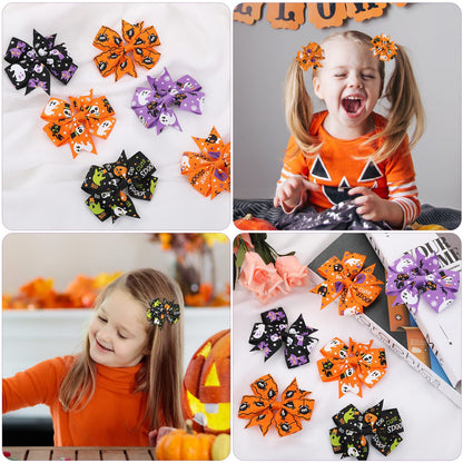 Sibba 6 Pieces Bow Hair Pins Halloween Hair Bows Clip Pumpkin Bat Pattern Boutique Clip Barrette Accessories for Girls